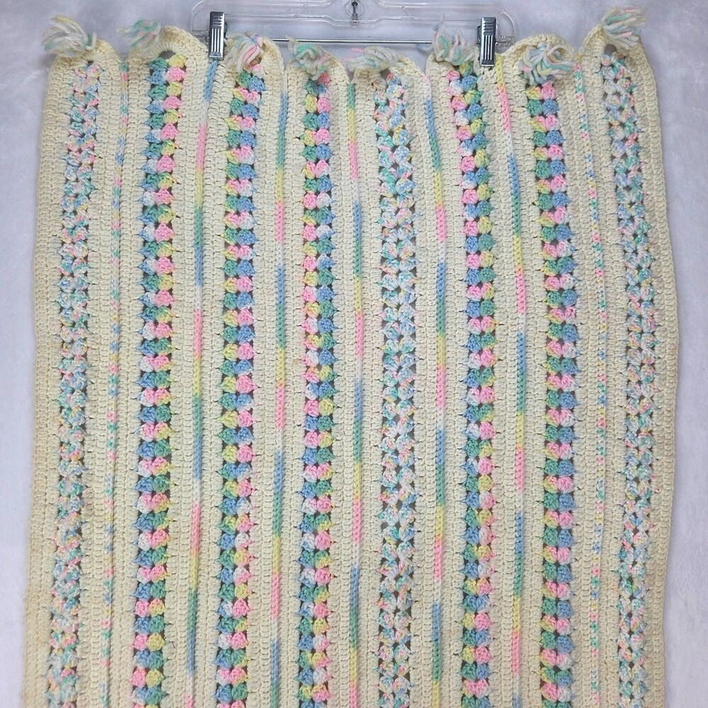 Vintage Handmade Crochet Afghan Blanket 45x25 Pastel Striped Granny Pattern - Picture 11 of 12